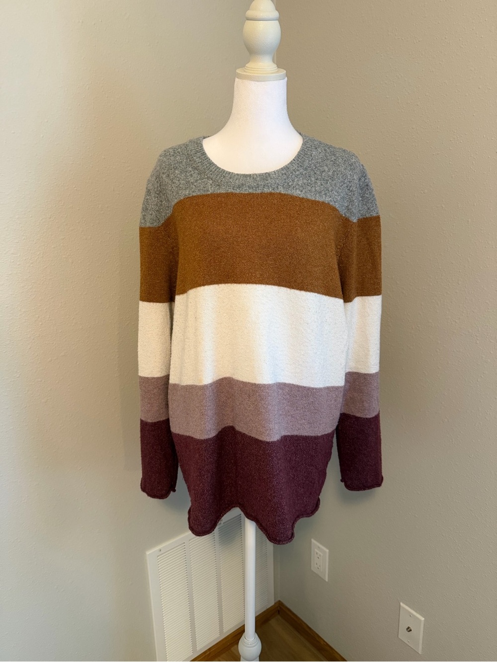 Striped Crewneck Sweater in Gray, Camel, Cream & Mauve